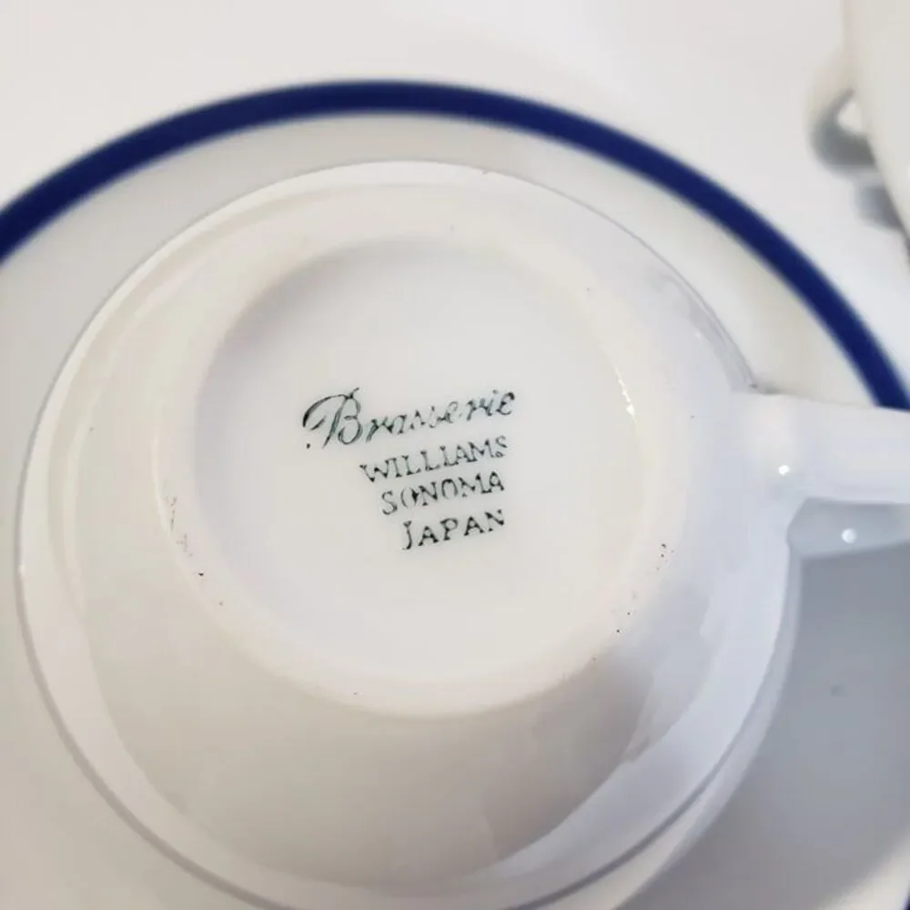 Set of 2 Williams Sonoma Brasserie Blue Trim Flat Coffee Cups & Saucers Japan